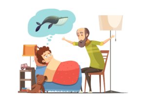 Man telling a story, boy imagining a whale